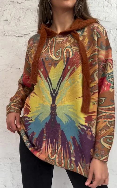 Women's Hooded Contrasting Print Sweater Jacket