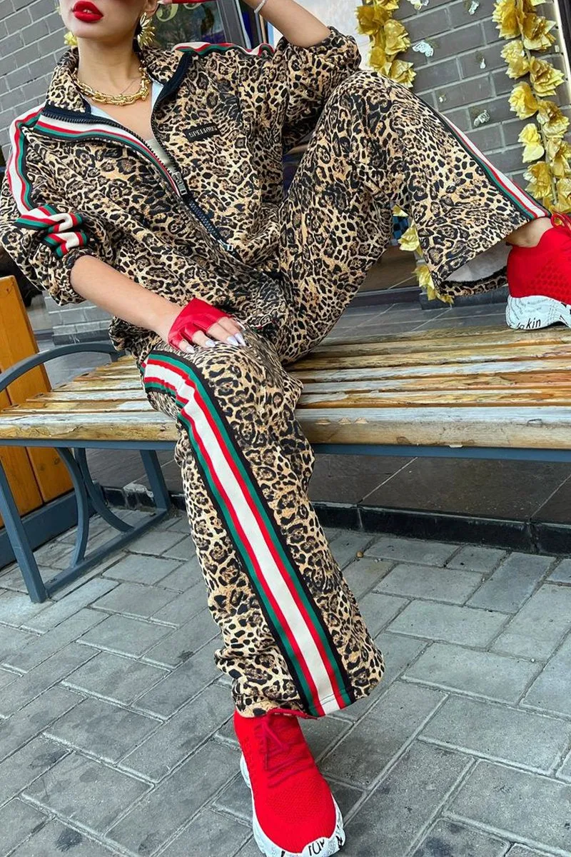 Women's Leopard Print Zip-up Jacket Leopard Print Pant Suit