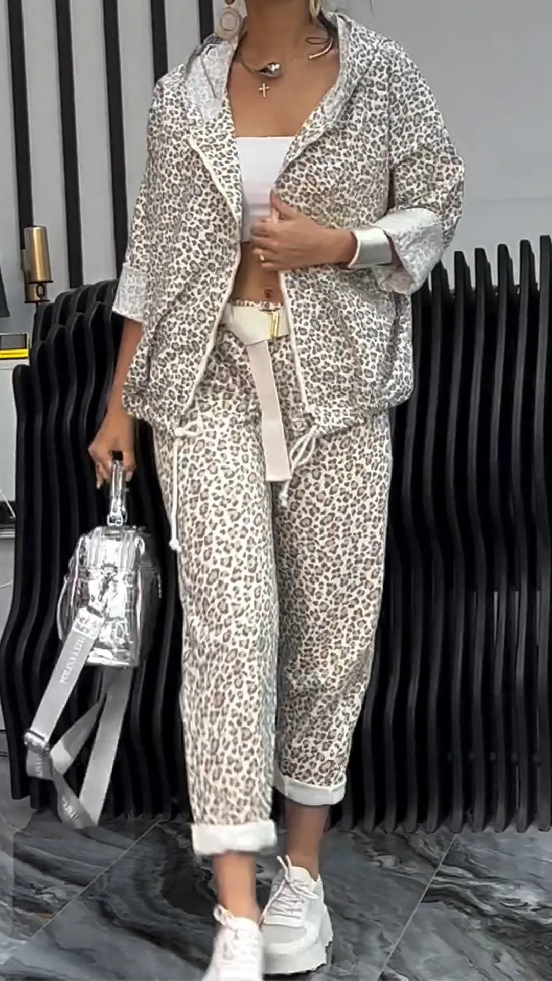 Women's Leopard-print Cardigan Short Suit